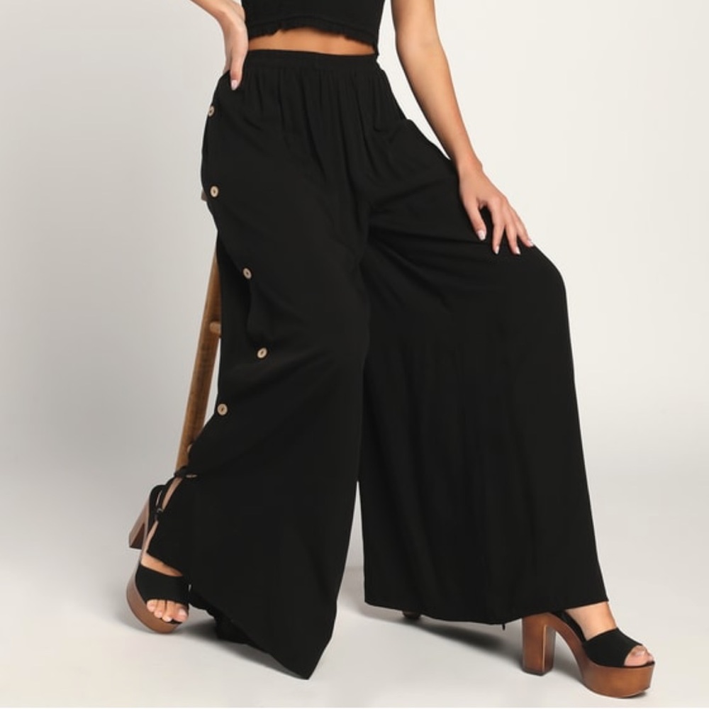 Lulus Black Side Button Wide Leg Pants - Small